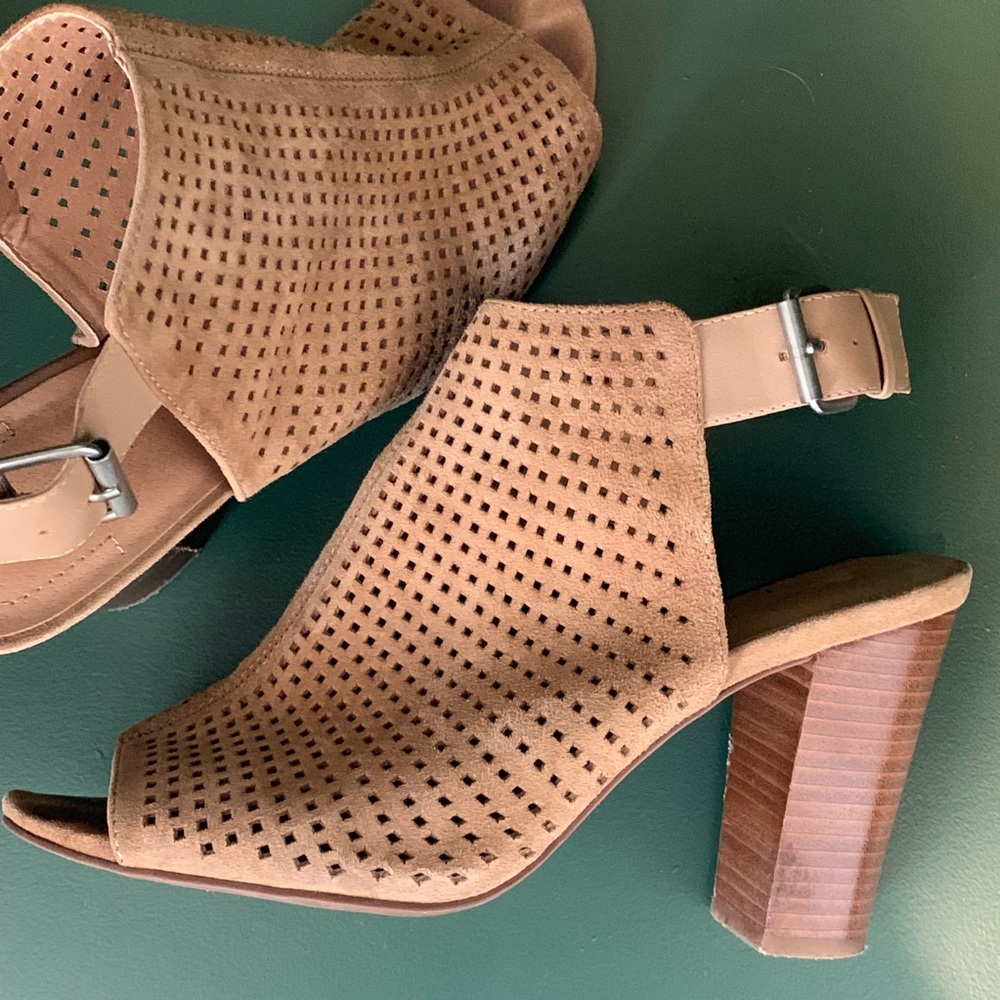 Perforated peep toe suede sandal booties
